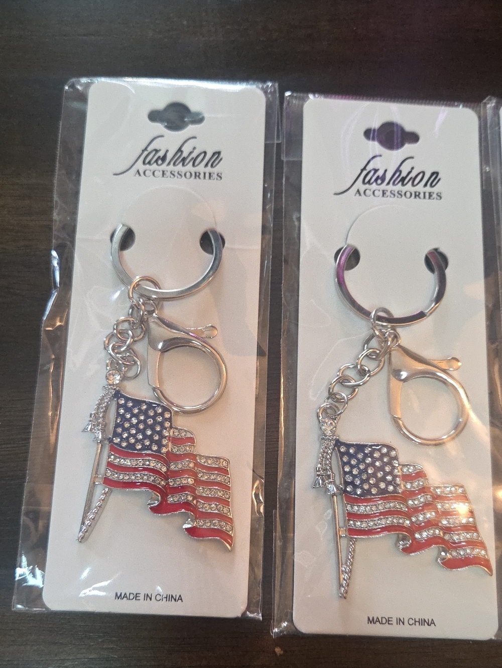 SALE 2- American Flag Rhinestone Keychains - Silver Tone